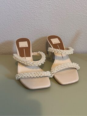 Dolce Vita Ivory Pearl-Embellished Block Heel Sandals